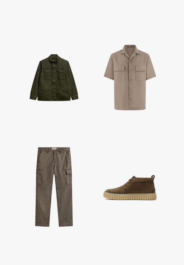 Olijfgroene utilityjas van een katoenmix, met een hoge kraag, een rits aan de voorkant, vier voorzakken en schouderpatchdetails.; Beige overhemd met korte mouwen, knopen aan de voorkant, twee klepzakken voorop en een spreidkraag, tentoongesteld op een witte achtergrond.; Bruine cargobroek met zijflapzakken, riemlussen, knoopsluiting en schuine steekzakken aan de voorkant, plat neergelegd op een witte achtergrond.; Bruine suède enkellaarzen met een ronde neus, minimale stiksels en een gestructureerde, dikke rubberen zool. Voorzien van een vetersluiting en een hieltab.