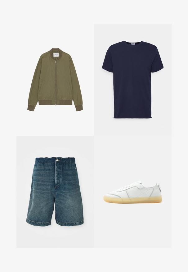 NN.07 DIXON - Bomberjacks - capers; Navyblauwe T-shirt met korte mouwen van zachte stof. Heeft een ronde hals en een rechte snit zonder patronen of accenten.; Donkerblauwe denimshorts met een losse pasvorm, voorzien van een knoopsluiting en zichtbare stiksels langs de zoom en de zakken.; Witte lage leren sneaker met beige doorschijnende zool, veters aan de voorkant en minimale stiksel details, zijaanzicht op een effen achtergrond.