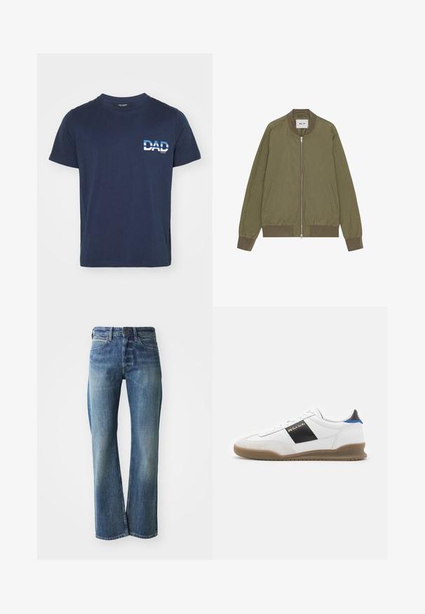 NN.07 DIXON - Blouson Bomber - capers; T-shirt en coton bleu marine à manches courtes. Présente un texte graphique blanc "DAD" sur le côté gauche, dans une police audacieuse. Design simple et décontracté.; Jeans en denim de couleur bleu clair à moyen, coupe droite, design classique à cinq poches et décoloration subtile à l'avant.; Basket blanche avec des accents noirs et bleus, dessus en suède et cuir, bout rond, semelle plate en caoutchouc, et détail de marque dorée sur le côté.