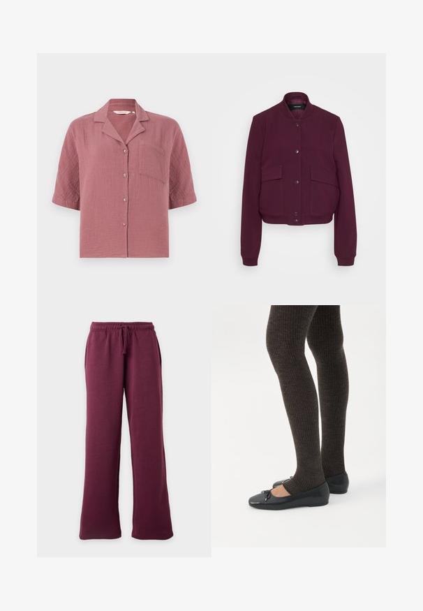 Veste bomber bordeaux avec un col rond, deux poches avant et une fermeture à bouton-pression. Tissu doux avec des poignets et un ourlet côtelés.; Chemise à manches courtes couleur rose poussiéreux avec col et une poche poitrine unique, fabriquée en tissu texturé.; Pantalon de survêtement bordeaux à jambes larges avec ceinture élastique et cordon, poches avant, présenté sur un fond clair uni.; Jambes portant des leggings côtelés foncés associés à des ballerines noires avec de petits détails en nœud sur fond blanc.