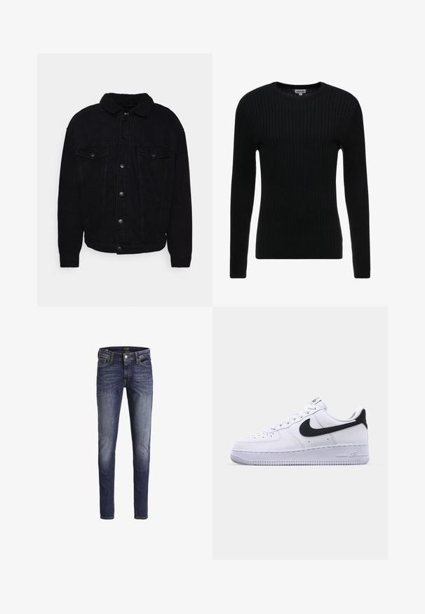 Zwarte denimjas met een zachte sherpa-kraag, twee borstzakken, knoopsluiting en zichtbaar stiksel op de mouwen en de zoom.; Zwarte geribbelde lange mouwen trui met een ronde hals; gestructureerde stof met verticale lijnen; slim fit silhouet; geen zichtbare versieringen of accenten.; Donkerblauwe slim-fit jeans met lichte vervaging op dijen en knieën, met voorzakken, riemlussen en een knoopsluiting.; Witte leren sneaker met een gestructureerde zwarte Swoosh, platte veters en een rubberen zool met een geribbeld patroon. "AIR" is in de hak geperst.