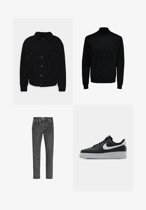 Schwarze Jeansjacke mit einem weichen Sherpa-Kragen, zwei Brusttaschen, Knopfverschluss und sichtbaren Nähten an Ärmeln und Saum.; Schwarzer Rollkragenpullover aus weichem Stoff, mit langen Ärmeln, gerippten Bündchen und Saum, einem anliegenden Kragen und glatter Textur.; Jack & Jones Relaxed Fit JJICHRIS JJORIGINAL SQ 734 - Jeans Tapered Fit - black denim; Schwarze Ledersneaker mit strukturierten Oberflächen, weißem Nike-Swoosh, grauer Sohle, runder Zehenpartie und Schnürdesign. Verfügt über Perforationen an der Zehenbox.