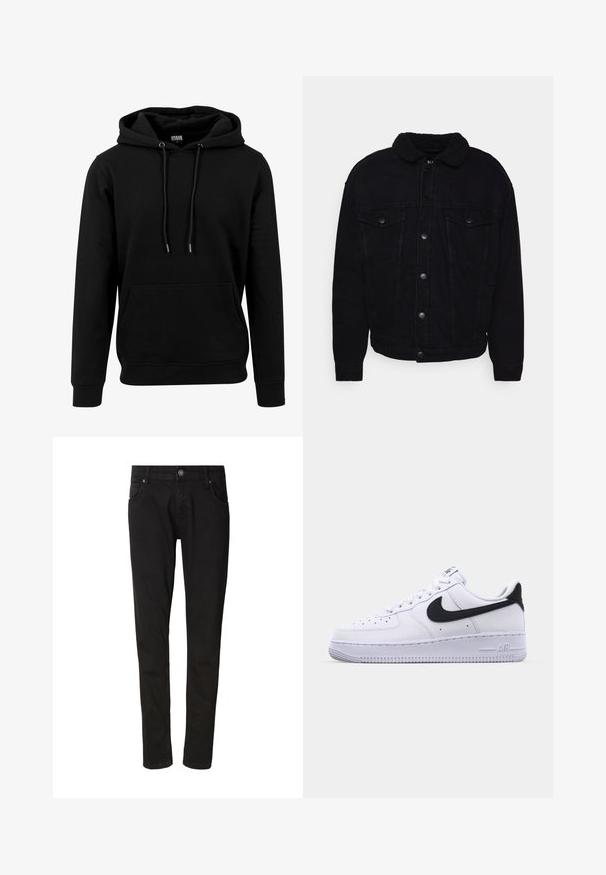Sort denimjakke med en blød sherpa-krave, to brystlommer, knaplukning og synlig søm på ærmer og kant.; Sort hoodie lavet af blødt materiale, med en stor frontlomme, snoretræk og ribbede manchetter og kant. Enkel, ensfarvet design.; Sorte denim jeans med en slim fit, der har en fronknaplukning, bæltestropper og fire lommer. Glat tekstur med minimale syningsdetaljer.; Hvide lædersneakers med en struktureret sort Swoosh, flade snørebånd og en gummisål med et rillemønster. "AIR" er præget på hælen.
