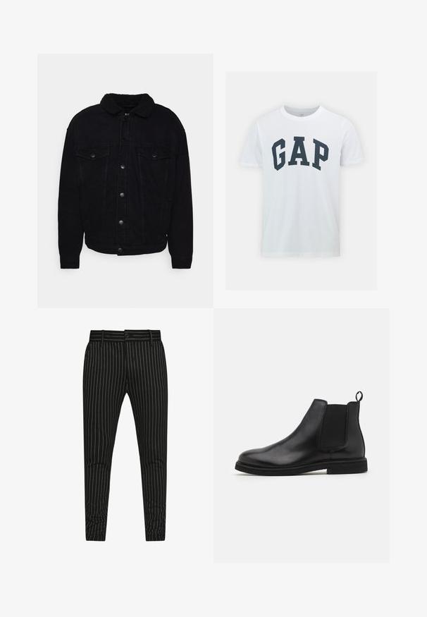 Must värvi teksajakk pehme sherpa kraega, kahe rinnataskuga, nööbilukuga ja silmapaistva õmblusega varrukatel ja äärel.; GAP EVERYDAY SOFT BASIC LOGO - Trükipildiga T-särk - white global; Mustmustriibulised püksid, mis sisaldavad vertikaalseid valgeid pinstribe, kitsast lõike, nupulukk ja vöökonksud reguleeritava suuruse jaoks.; Mustad mustad Chelsea saapad elastsete külgpanelidega ja tõmbenööridega. Ümar varvas ja lame kummitald, millel on sile viimistlus.