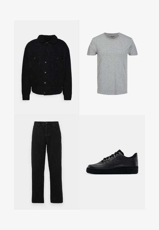 Sort denimjakke med en blød sherpa-krave, to brystlommer, knaplukning og synlig søm på ærmer og kant.; Grå kortærmet T-shirt lavet af blød bomuld. Har en klassisk rund halsudskæring og en regulær pasform. Enkel design uden mønstre eller detaljer.; Sorte denim jeans med lige ben design, der har knaplukning, bæltestropper og klassisk fem-lomme stil.; Sort Nike Air Force 1 sneaker med en glat læderoverdel, perforeret tå for åndbarhed, sorte snørebånd og en textured gummisål.