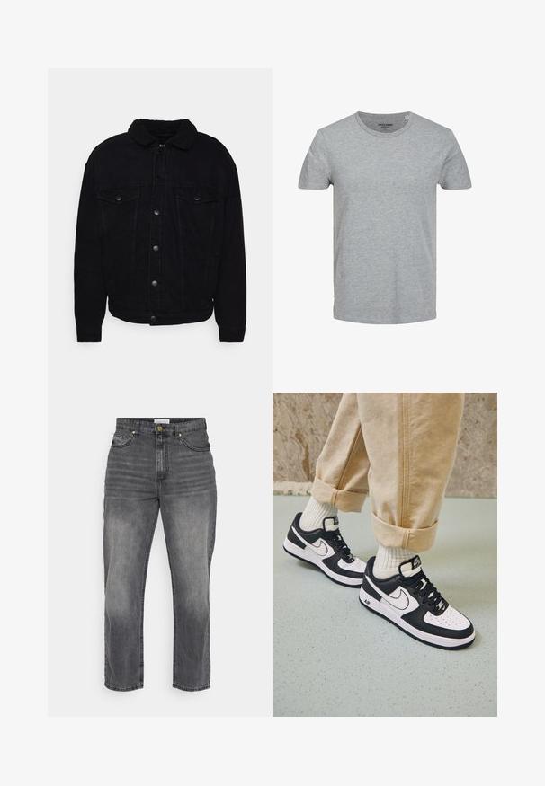 Schwarze Jeansjacke mit einem weichen Sherpa-Kragen, zwei Brusttaschen, Knopfverschluss und sichtbaren Nähten an Ärmeln und Saum.; Grau T-Shirt mit kurzen Ärmeln aus weicher Baumwolle. Mit klassischem Rundhalsausschnitt und normaler Passform. Einfaches Design ohne Muster oder Akzente.; Graue Denim-Jeans mit gerader Passform, ausgestattet mit einem ausgewaschenen Finish, Fronttaschen und einem Knopfverschluss. Einfache Nähte und Saumdetails.; Schwarz-weiße Nike Air Force 1 Sneaker mit einem Obermaterial aus Leder, perforierter Zehenpartie und strukturiertem Sohlendesign, getragen mit aufgerollten beigen Hosen und weißen Socken.