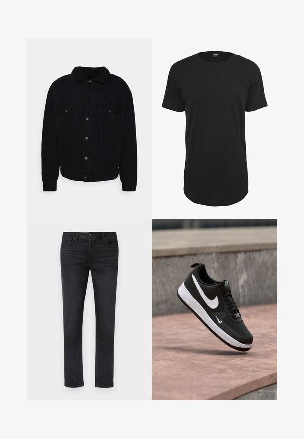 Sort denimjakke med en blød sherpa-krave, to brystlommer, knaplukning og synlig søm på ærmer og kant.; Sort kortærmet t-shirt lavet af bomuld. Har en rund hals og en lige pasform med en lidt længere bagkant. Blød tekstur.; Sorte denimjeans med lige ben, fem lommer, en midtalje og subtile slidtageeffekter.; Sort-hvid Nike Air Force 1 sneaker svævende over en lyserød betonflade med en grå stenbaggrund.
