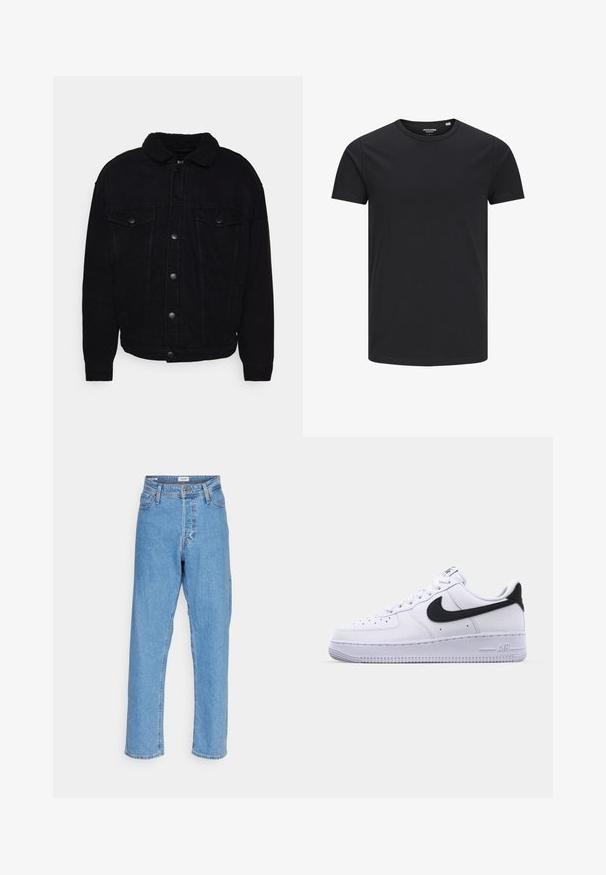 Sort denimjakke med en blød sherpa-krave, to brystlommer, knaplukning og synlig søm på ærmer og kant.; Sort bomulds T-shirt med rund hals, korte ærmer og et enkelt design. Glat tekstur, ingen mønstre eller synligt tilbehør.; Lyseblå højtaljede lige ben jeans med knap foran, lynlåslukning, bæltestropper og fem-lomme design på hvid baggrund.; Hvide lædersneakers med en struktureret sort Swoosh, flade snørebånd og en gummisål med et rillemønster. "AIR" er præget på hælen.