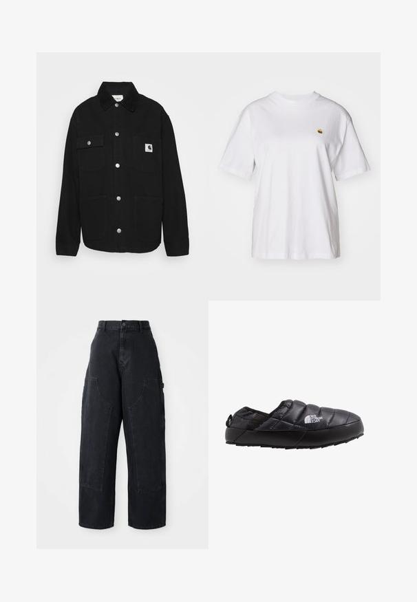 Schwarze Jacke aus robustem Stoff, mit einem kragenförmigen Hals, Druckknöpfen, zwei Brusttaschen und einem Logo-Patch auf der linken Tasche.; Weißes Baumwoll-T-Shirt mit lockerem Schnitt, kurzen Ärmeln und einem kleinen gestickten Logo auf der linken Brustseite.; Schwarze Denim Cargo-Hosen mit weitem Bein und hoher Taille, zwei großen Vordertaschen und einem Knopfverschluss an der Taille. Glatte Textur, lässiges Design.; Schwarze isolierte Slipperschuh mit gestepptem Obermaterial, Gummisohle und strukturierten Details. Verfügt über eine Zuglasche an der Ferse und Branding an der Seite.