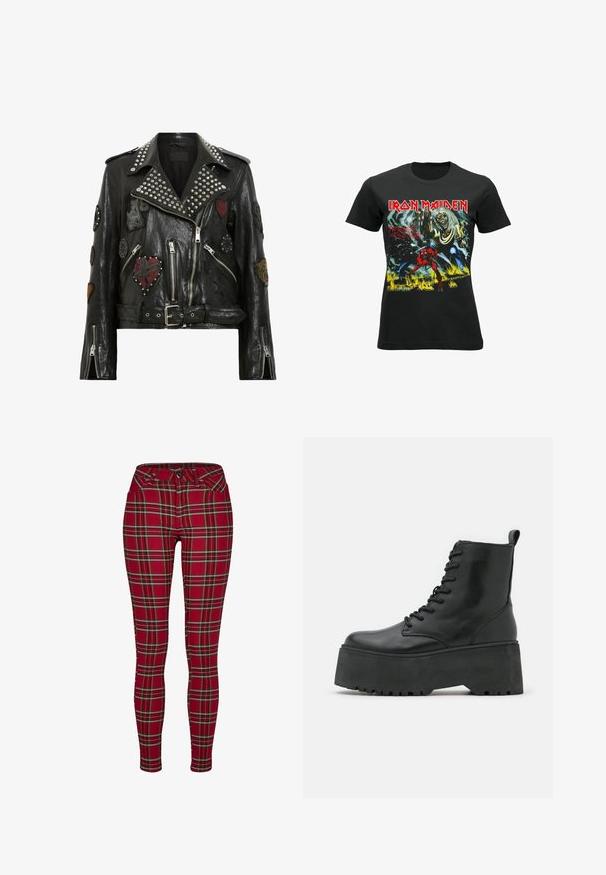 Schwarze Lederbikerjacke mit silbernen Nieten am Kragen, mehreren gestickten Patches, asymmetrischem Reißverschluss und Gürtelbund.; rockshirts IRON MAIDEN NUMBER OF THE BEAST - T-Shirt print - black; Rote karierte Skinny Jeans mit einer taillierten Passform, die gelbe und schwarze Linien aufweisen, einem Knopfverschluss und klassischen Fronttaschen.; Schwarze Knöchelstiefel mit einer dicken Plattformsohle, aus glattem Leder gefertigt, mit Schnürdesign und einer Zuglasche hinten.