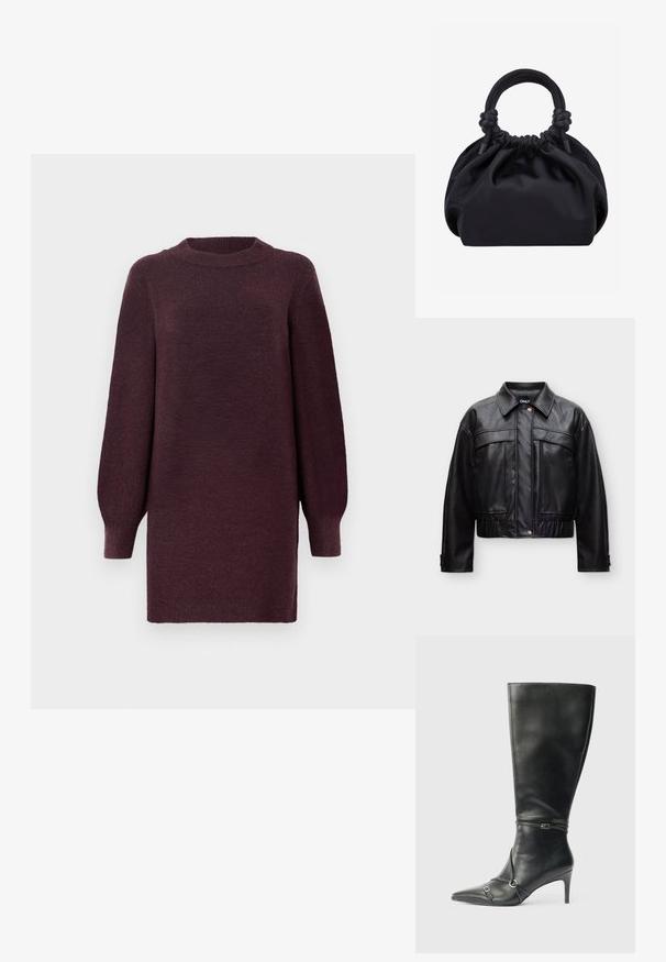 Veste courte noire en simili cuir avec boutons-pression devant, grandes poches poitrine, ourlet élastiqué et col pointu.; Robe-sweater bordeaux avec un col rond et de longues manches légèrement bouffantes. Fabriquée en tissu doux et texturé. Se termine au-dessus du genou.; Bottes noires en cuir montant jusqu'au genou, avec un talon fin, un bout pointu et des détails de lanière à la cheville. Texture lisse et design ajusté.; Sac à main en tissu noir doux avec haut froncé et poignées circulaires rembourrées nouées de chaque côté.