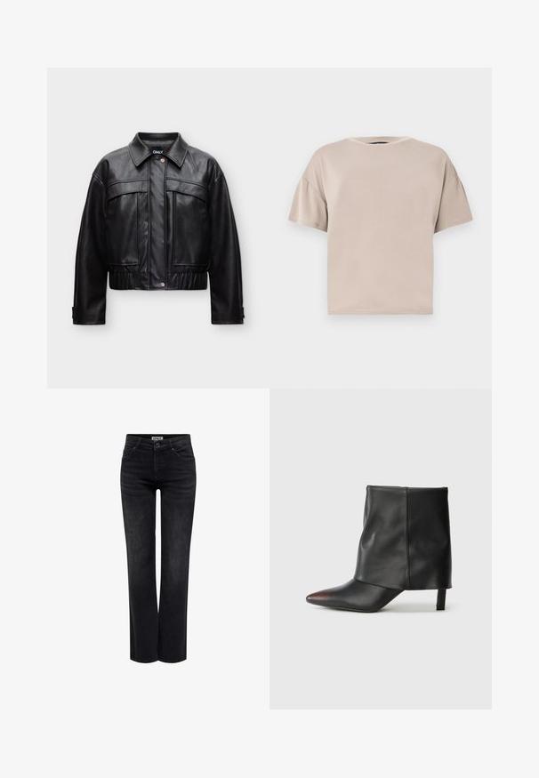 Sort cropped faux læderjakke med trykknapper foran, store brystlommer, elastisk kant og en spids krave.; Beige kortærmet oversize bomuld T-shirt med rund hals og lige kant på en ensartet lys baggrund.; ONLY BLUSH MID STRAIGHT NOOS - Jeans Straight Leg - washed black; Sort ankelstøvle lavet af glat læder med spids tå og tilspidset hæl. Overdelen har et let rynket design.
