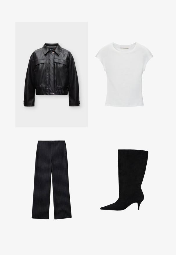 Veste courte noire en simili cuir avec boutons-pression devant, grandes poches poitrine, ourlet élastiqué et col pointu.; T-shirt en coton blanc avec manches courtes retroussées, encolure ronde et ourlet droit. Texture lisse sans motifs ni accents visibles.; Pantalon large à rayures fines noires avec une texture lisse et une taille haute. Le tissu a un léger éclat et tombe de manière fluide.; Bottine en daim noir avec un bout pointu, un talon fin de 5 cm et une texture lisse, dotée d'une tige haute.