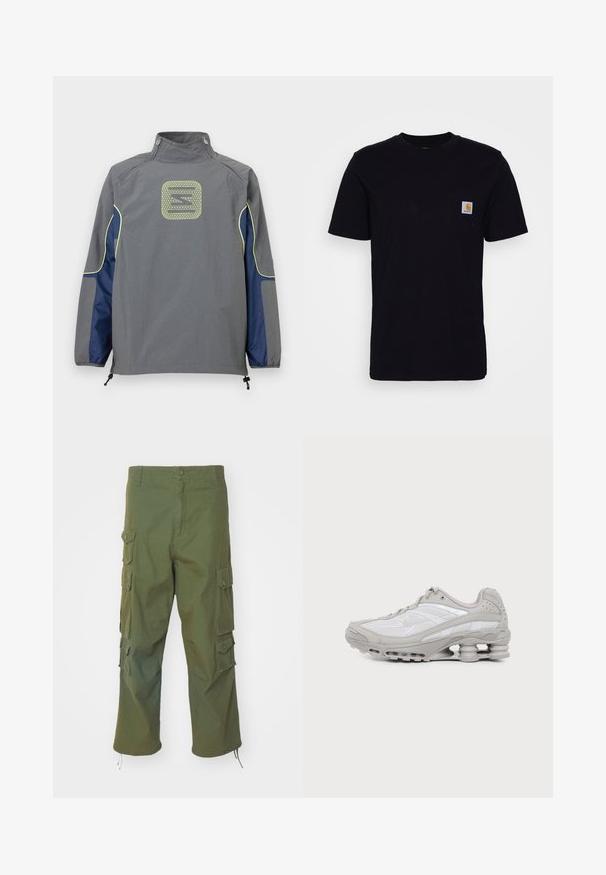 Chaqueta gris con paneles laterales azul marino y ribete amarillo neón, con un logo geométrico centrado en la parte superior de la espalda y cremalleras en el cuello.; Camiseta de algodón negra con mangas cortas, cuello redondo y un bolsillo en el pecho que presenta un pequeño parche de logo cuadrado. Diseño simple y sólido.; Pantalones cargo verde oliva de algodón, con bolsillos laterales, cierre de botón, corte recto y con bajos ajustables para un largo personalizable.; Zapatilla deportiva gris y blanca con suela visible de amortiguación de aire y paneles de malla, mostrada de perfil sobre un fondo claro y sencillo.
