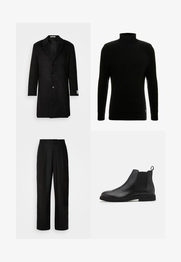 Manteau en laine noire avec une fermeture à boutons simple, revers crantés, manches longues et une silhouette épurée. Présente un accent de poignet labelisé.; Pull à col roulé noir avec des manches longues, texture côtelée, silhouette ajustée et petite étiquette de marque en bas à gauche.; Pantalon noir avec une coupe droite, une texture douce, des plis avant et une taille standard. Design minimaliste sans motifs supplémentaires.; Bottines Chelsea en cuir noir avec panneaux élastiques sur les côtés et une languette. Bout arrondi et semelle en caoutchouc plate, mettant en valeur une finition lisse.