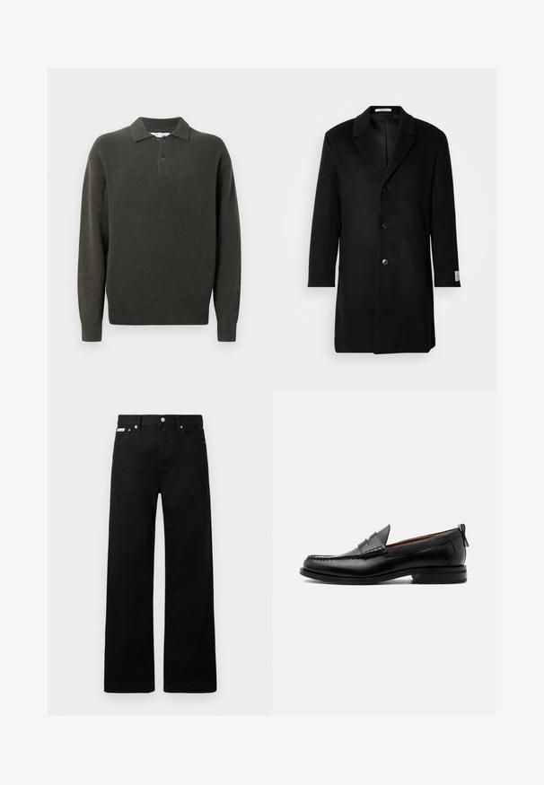 Sort uldfrakke med enkeltknaplukning, spids krave, lange ærmer og en ren silhuet. Har en mærket manchetaccents.; Mørkegrøn pullover sweater med krave, to-knaps placket og ribbet kant. Fremstillet af et struktureret, blødt materiale.; Sorte denimbukser med bred ben-design, der har fem lommer og metallisk knapdetalje. Glat tekstur, uden synlige mønstre.; Sort læder herre loafer med moc-tå syning, penny strop, struktureret krave og lav stablet hæl på hvid baggrund.