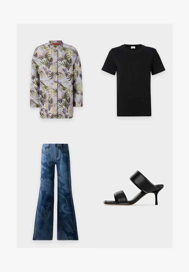 Quiltet jakke med botanisk print med grønne og lilla blade på en lyseblå baggrund. Rund halsudskæring, ingen synlige lukninger.; Sort bomulds t-shirt med korte ærmer og rund hals, med en subtil logo detalje på den nederste front og en lige skåret kant.; Bukser i mørkeblåt denim med udvidet ben i bunden, prydet med en tonal blomsterprint. Standard fem-lomme design med en frontknap og lynlås.; Sort læder mule sandal med to brede remme og en slank mellemhøj stiletthæl på en ensartet lys baggrund.