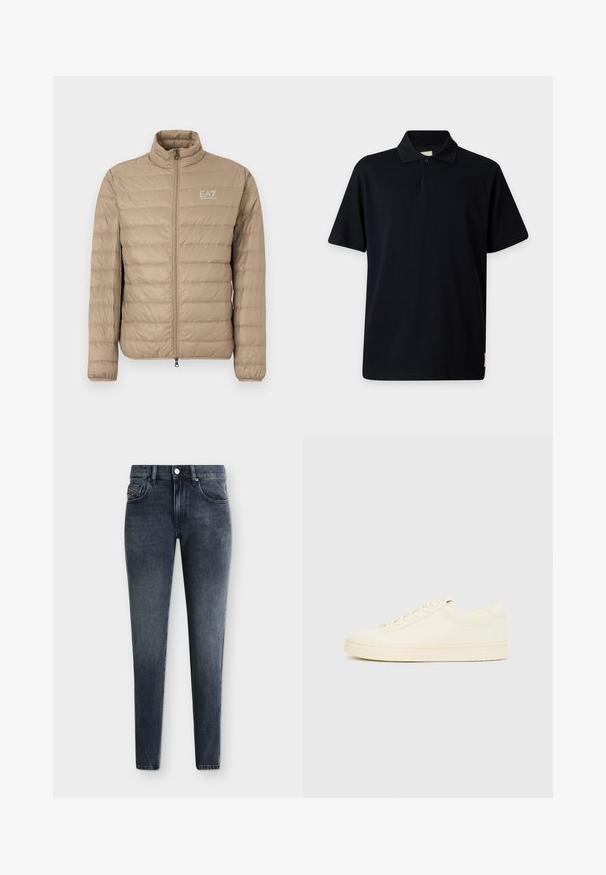 Doudoune beige avec col montant, surpiqûres verticales, fermeture éclair et petit logo EA7 sur le côté gauche de la poitrine. Texture lisse.; Polo noir à manches courtes avec col et un bouton sur un fond gris clair.; Jean slim fit gris foncé délavé avec poches avant et poche monnaie, passants de ceinture, fermeture à bouton et détails de coutures visibles sur un fond uni.; Baskets couleur crème avec une tige en cuir lisse, bout arrondi, laçage à l'avant et semelle en caoutchouc texturée. Design minimaliste, sans logo.