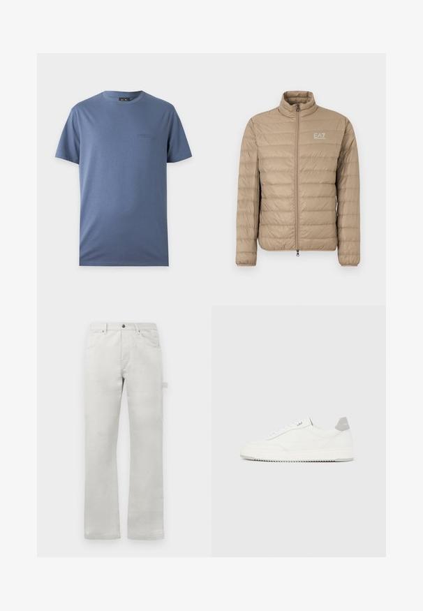 Doudoune beige avec col montant, surpiqûres verticales, fermeture éclair et petit logo EA7 sur le côté gauche de la poitrine. Texture lisse.; T-shirt bleu uni à manches courtes avec col rond et petit logo brodé discret sur la poitrine gauche.; Pantalon gris clair à coupe droite, fabriqué en tissu en coton lisse, avec des poches avant et une poche cargo sur le côté.; Baskets basses blanches avec un onglet de talon gris, des lacets blancs et une semelle texturée, présentées sur un fond uni clair.