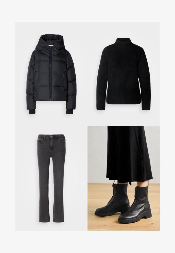 Schwarze gepolsterte Jacke mit Kapuze, Reißverschluss vorne und elastischen Bündchen. Glatte Textur mit horizontalem Steppdesign.; Schwarzer Rollkragenpullover aus geripptem Stoff. Hat lange Ärmel und ein figurnahes Design mit höherem Ausschnitt. Weiche Textur.; Schwarze Denim-Jeans mit geradem Bein, ausgestattet mit Fronttaschen, einem Reißverschluss und dezenten Steppdetails. Der Stoff hat eine leichte Textur.; Schwarze Lederstiefeletten mit einer dicken Plattformsohle und einem Reißverschluss vorne. Glatte Textur mit einem minimalistischen Design.