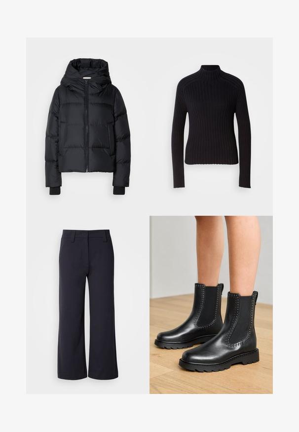 Schwarze gepolsterte Jacke mit Kapuze, Reißverschluss vorne und elastischen Bündchen. Glatte Textur mit horizontalem Steppdesign.; Schwarzer gerippter Rollkragenpullover mit langen Ärmeln, tailliertem Design und strukturierter Oberfläche. Hergestellt aus einem dehnbaren Strickstoff.; Weite Hosen aus dunklem Marineblau. Mit flachem Bund, Gürtelschlaufen und seitlichen Taschen. Das Material ist glatt und hat einen leichten Stretch.; Schwarze Lederstiefeletten mit elastischen Seiteneinsätzen und Nietenakzenten, ausgestattet mit einer groben Sohle und strukturierter Oberfläche.