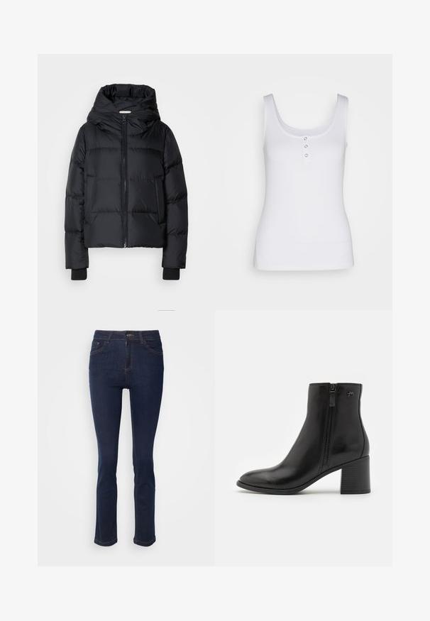 Schwarze gepolsterte Jacke mit Kapuze, Reißverschluss vorne und elastischen Bündchen. Glatte Textur mit horizontalem Steppdesign.; Weißes Tanktop aus geripptem Stoff mit einem Rundhalsausschnitt und drei metallischen Druckknöpfen an der Front. Glatte Textur, figurbetonter Schnitt.; Dunkelblaue Jeans im Slim Fit mit einer mittelhohen Taille, fünf Taschen und kontrastierenden Nähten. Der Stoff hat eine glatte, leicht strukturierte Oberfläche.; Schwarze Knöchelstiefel aus glattem Leder mit einem seitlichen Reißverschluss. Sie verfügen über eine spitze Schuhspitze und einen strukturierten Blockabsatz für Stabilität.