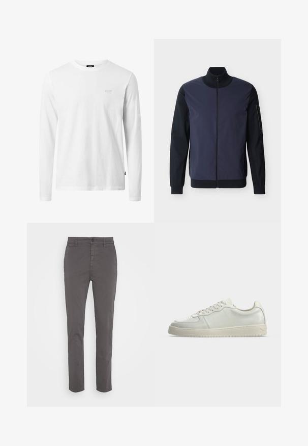 Marineblauw en zwart jack met ritssluiting, hoge kraag, lange mouwen, geribbelde manchetten en een klein ritsvakje op de linkermouw.; Witte lange mouwen t-shirt van katoen, met een ronde hals, zachte textuur en een subtiele logo op de borst. Eenvoudig, klassiek ontwerp.; Grijze chino's met een slim fit, gemaakt van ademend katoen. Voorzien van een knoopsluiting en zijzakken, met een gladde, matte afwerking.; Witte lage leren sneaker met vetersluiting en een off-white rubberen zool, gezien van opzij tegen een effen achtergrond.