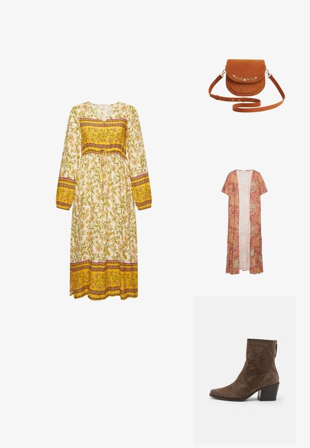 Dlhý, ľahký kimono štýlový prehoz v červenej a zlatej paisley vzore, s krátkym rukávom, otvoreným predným dielom a tiered lemom.; Dlhé rukávy šaty s kvetinovou potlačou, s bielym základom, žltými a fialovými pruhovanými akcentmi v oblasti pásu a na rukávoch, s šnúrkou na stiahnutie.; Hnedé semišové členkové topánky s špicatou špičkou, bočným zipsom a hrubým podpätkom. Majú hladký povrch a minimálne švy.; Hnedá semšová kabelka cez rameno s nastaviteľným remienkom a malou bielou kvetinovou výšivkou na prednej klopke.
