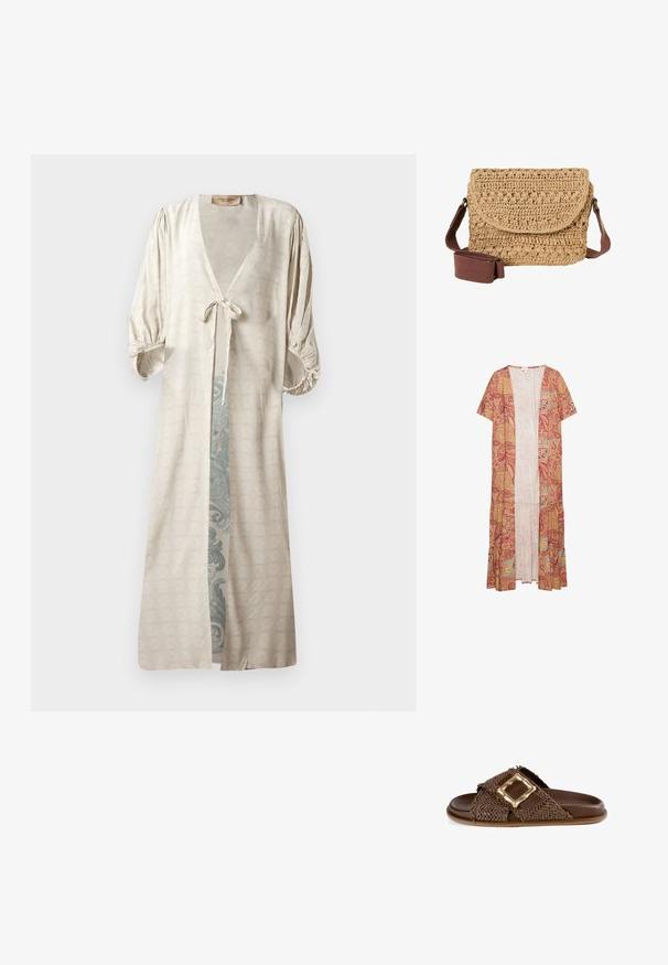 Pikk, kerge kimono stiilis kattev riideese punase ja kuldse paisley mustriga, lühikeste varrukatega, avatud eesmine osa ja kihiline alläär.; Siidiselt kreemjas kimono-stiilis rüü, millel on sügav V-kaelus, sidumisvöö ja puhvärvlid. Omab rikkalikku tealiistatud sisetust.; Pruunist kootud libisemis sandaalist, millel on lai rihm, kuldne detail ja sile nahk sisetald. Lame tald, millel on peen tekstuur.; Põimitud õlekott, millel on ette volditav klapp ja reguleeritav lai pruun kangasrihm.