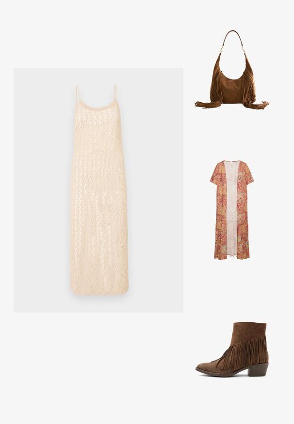 Lange, lichte kimono-stijl omslag in een rood en gouden paisley patroon, met korte mouwen, een open voorkant en een gelaagde zoom.; Gebreid jurkje in een lichtbeige kleur, met spaghettibandjes en een opengewerkt haakpatroon. Halflang met een losse pasvorm.; Bruine suède enkelboot met franjes, spitse neus en een lage blokhak. De textuur is zacht en het ontwerp heeft een lichtwestern stijl.; Bruine suède schoudertas met lange franjes aan beide zijden en een enkele band met goudkleurige gespen.
