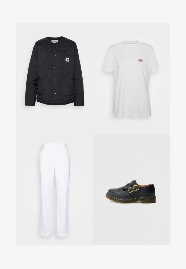 Chaqueta negra acolchada con cuello redondo, cierres a presión y dos bolsillos frontales. Cuenta con un pequeño parche de logo en el bolsillo del pecho.; Camiseta de algodón blanca con cuello redondo y mangas cortas, que presenta un pequeño logotipo colorido de "Diesel" bordado en el pecho.; Pantalones blancos de pierna recta confeccionados en algodón. Presentan un corte plano en la parte delantera, trabillas para cinturón y sin bolsillos visibles. Textura suave y diseño minimalista.; Zapato de cuero negro con dos correas de hebilla, detalles perforados, puntera redondeada y un acento de costura amarilla alrededor de la suela.