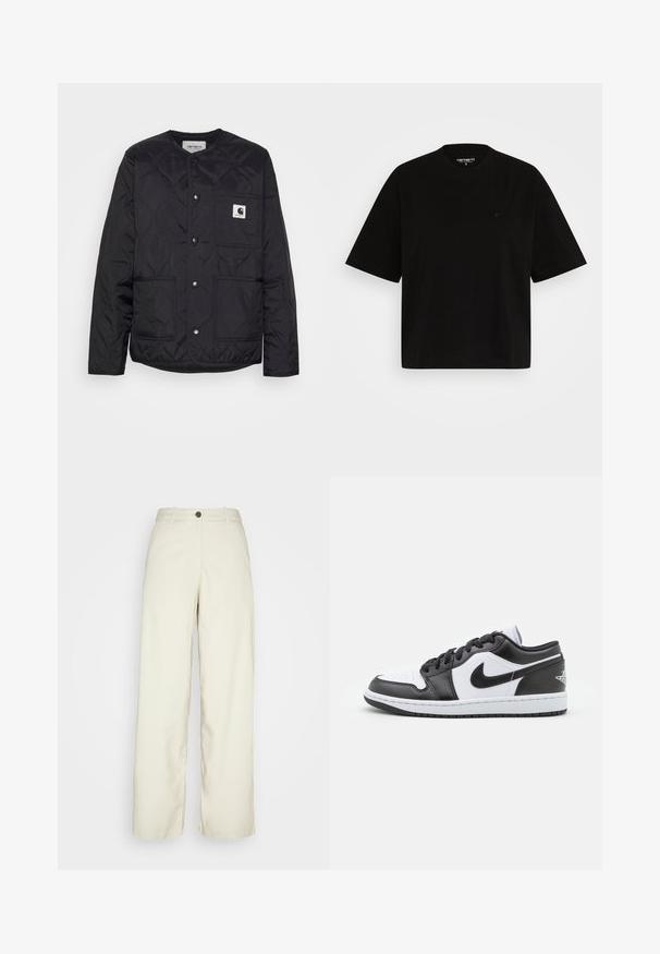 Veste matelassée noire avec un col rond, des fermetures à pression et deux poches avant. Présente un petit patch logo sur la poche de la poitrine.; T-shirt en coton noir avec une coupe décontractée, manches courtes, col rond, et un petit logo sur la poitrine gauche.; Weekday ELIO - Pantalon classique - beige dusty light; Des baskets basses Nike en noir et blanc présentent un cuir lisse sur le dessus, un bout rond, un système de laçage et une semelle extérieure en caoutchouc à motifs.