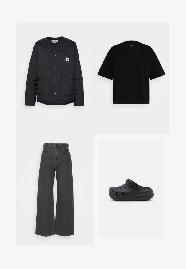 Veste matelassée noire avec un col rond, des fermetures à pression et deux poches avant. Présente un petit patch logo sur la poche de la poitrine.; T-shirt en coton noir avec une coupe décontractée, manches courtes, col rond, et un petit logo sur la poitrine gauche.; Jeans taille haute à jambes larges en denim gris foncé. Design classique avec une coupe droite, comprenant des passants de ceinture et des poches avant.; Sabot en caoutchouc noir avec des rainures de ventilation, un talon surélevé et une sangle ajustable. Texture lisse et forme arrondie.