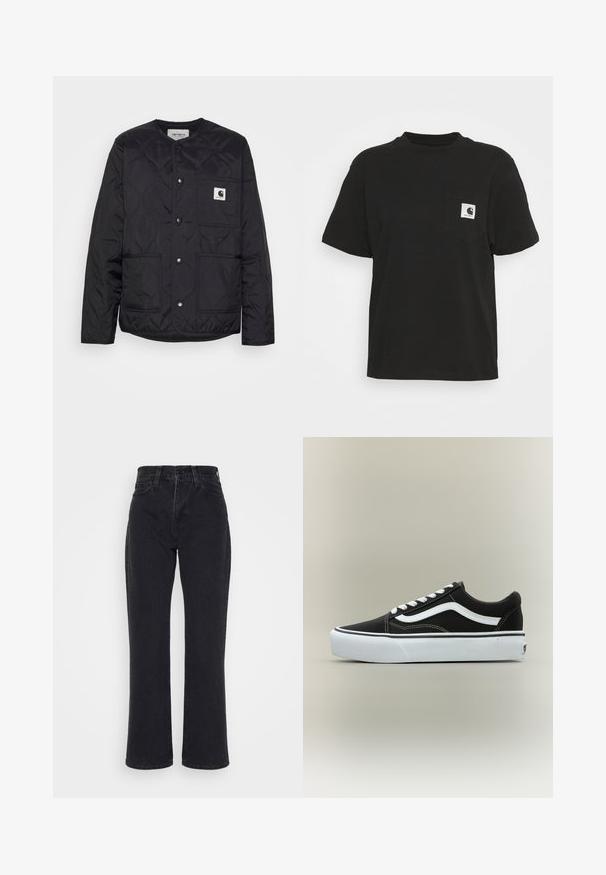 Sort quiltet jakke med rund hals, trykknaplukninger og to forlommer. Har en lille logo-patch på brystlommen.; Sort bomulds T-shirt med korte ærmer, rund halsudskæring og en lomme foran med et firkantet logo i hvid og sort.; Sorte jeans med høj talje og lige ben, med forlommer og bæltestropper på en hvid baggrund.; Lavtop sort sneaker med hvid side stribe, hvide snørebånd, hvid gummisål og tekstureret tåhætte på neutral baggrund.