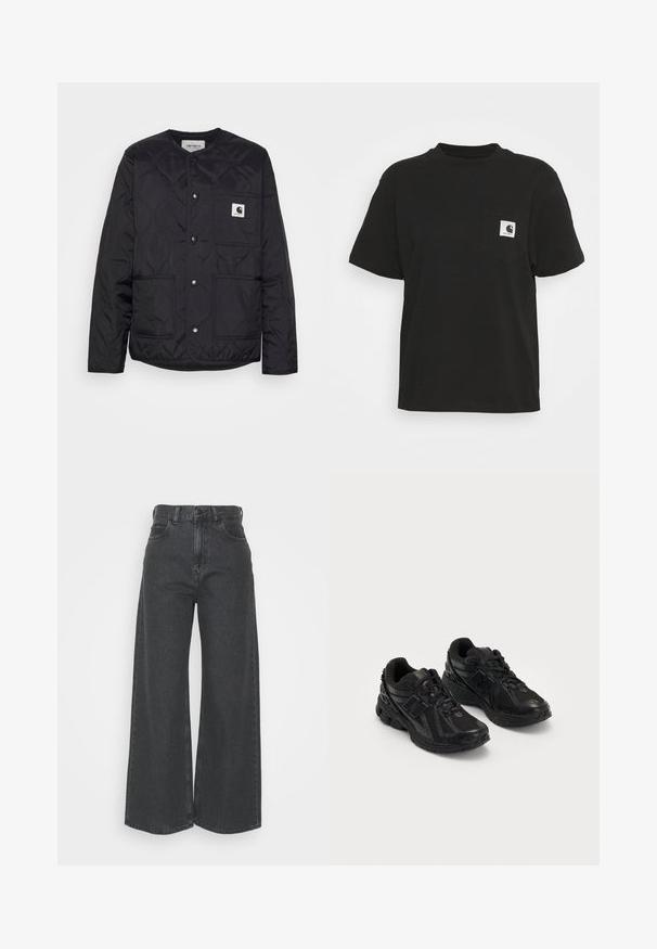 Sort quiltet jakke med rund hals, trykknaplukninger og to forlommer. Har en lille logo-patch på brystlommen.; Sort bomulds T-shirt med korte ærmer, rund halsudskæring og en lomme foran med et firkantet logo i hvid og sort.; Højtaljede, brede jeans i mørkegrå denim. Klassisk design med en lige pasform, der har bæltestropper og forlommer.; Sorte atletiske sko lavet af mesh og syntetiske materialer. Har en polstret sål, teksturerede mønstre og præget branding på siden.