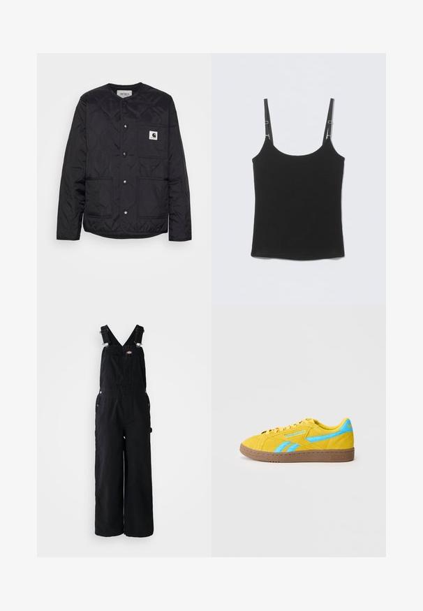 Schwarze gesteppte Jacke mit rundem Hals, Druckknopfverschlüssen und zwei vorderen Taschen. Verfügt über ein kleines Logopatch auf der Brusttasche.; Schwarzes, geripptes Tanktop mit verstellbaren dünnen Schulterträgern und einem tiefen Rundhalsausschnitt, flach auf einer hellgrauen Oberfläche ausgelegt.; Schwarze Denim-Latzhosen mit weitem Bein, verstellbaren Schulterriemen, Fronttasche und silbernen Hardware-Akzenten. Glatte Textur, minimalistisches Design.; Gelbe Wildledersneaker mit hellblauen Akzenten, die ein klassisches Design, gestickte Details und eine braune Gummisohle aufweisen. Reebok-Branding sichtbar.