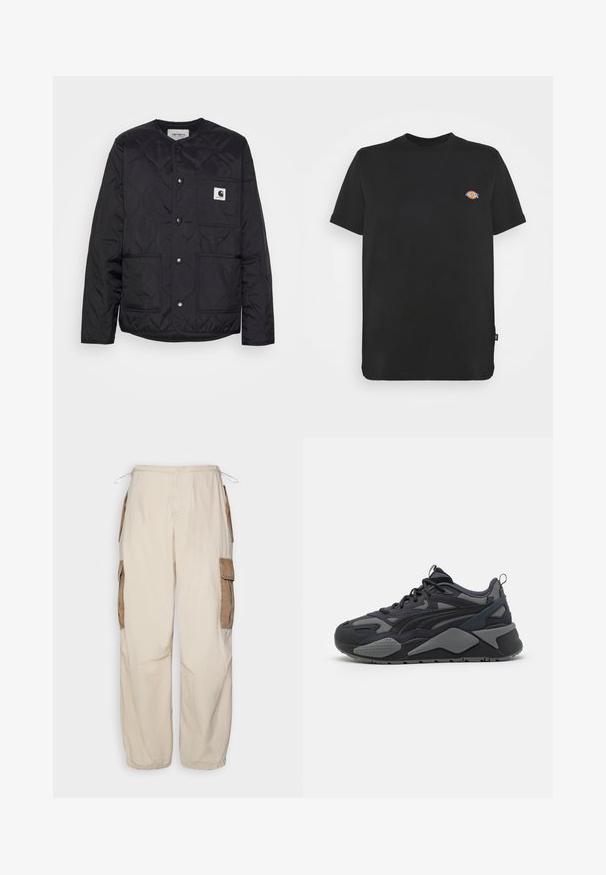 Schwarze gesteppte Jacke mit rundem Hals, Druckknopfverschlüssen und zwei vorderen Taschen. Verfügt über ein kleines Logopatch auf der Brusttasche.; Schwarzes Baumwoll-T-Shirt mit kurzen Ärmeln, Rundhalsausschnitt und einem bunten Logo auf der linken Brust. Gerader Saum mit seitlichem Etikettendetail.; BDG Urban Outfitters CONTRAST - Cargohose - beige; Schwarze sportliche Sneaker mit Obermaterial aus Mesh und Textil in Grauakzenten, einer robusten Sohle und markanten Designlinien.