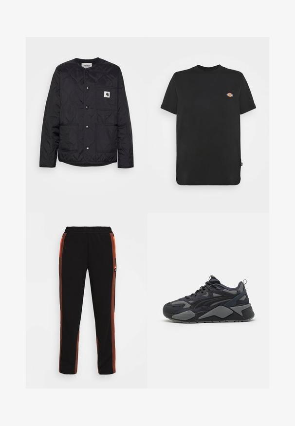 Veste matelassée noire avec un col rond, des fermetures à pression et deux poches avant. Présente un petit patch logo sur la poche de la poitrine.; T-shirt en coton noir à manches courtes, col rond, avec un logo coloré sur la poitrine gauche. Ourlet droit avec détail d'étiquette sur le côté.; Pantalon noir avec des rayures latérales orange et marron. Doté d'une taille élastique et de deux poches latérales. Fabriqué en tissu doux et léger.; Baskets de sport noires avec une tige en mesh et textile avec des accents gris, une semelle épaisse et des lignes de design distinctives.