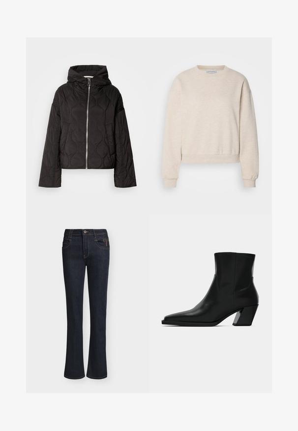 Sort quiltet jakke med hætte, udstyret med en frontlynlås og fyldig tekstur. Designet med en løs pasform og sidelommer.; Lys beige sweatshirt lavet af blødt stof, med rund hals, nedfaldne skuldersømme og ribbede manchetter og kant.; Mørkeblå denimjeans med lette vide ben, frontknap og lynlåslukning, forlommer og synlige syningsdetaljer.; Sortlæder ankelstøvle med spids tå, en slank silhuet og en kraftig firkantet hæl. Glat tekstur med minimale stikninger.