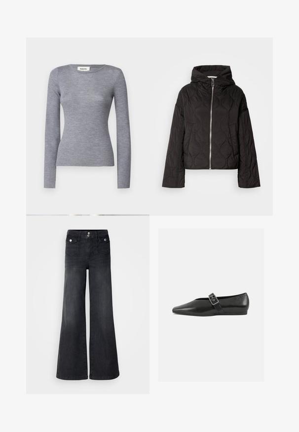 Sort quiltet jakke med hætte, udstyret med en frontlynlås og fyldig tekstur. Designet med en løs pasform og sidelommer.; Grå ribbet langærmet bluse med rund halsudskæring og tætsiddende silhuet. Stoffet har en glat tekstur og en subtile glans.; Sorte denim brede ben jeans med høj talje, forknapper og to forlommer; glat tekstur med en let falmet finish.; Sorte læder flade sko med spidse tæer, prydet med en metallisk spænde over vristen og en lav, fleksibel sål.