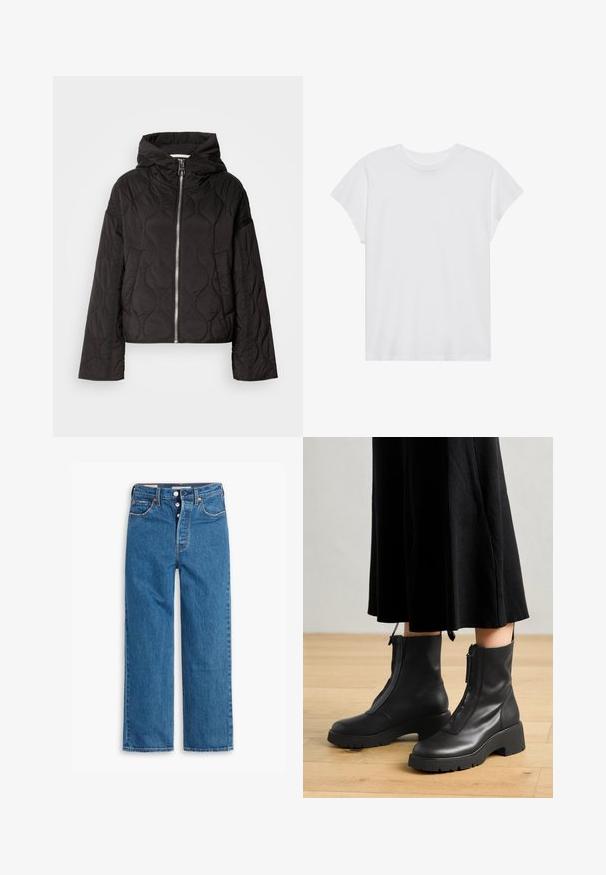 Sort quiltet jakke med hætte, udstyret med en frontlynlås og fyldig tekstur. Designet med en løs pasform og sidelommer.; Hvid kortærmet t-shirt med rund hals, afslappet pasform, lavet af blødt bomuldsstof. Glat tekstur, ingen mønstre eller logoer.; Blå denim lige ben jeans med høj talje, fem lomme design og knaplukning. Markante syninger og kobberfarvede nitter.; Sorte læder ankelstøvler med en kraftig platformsål og en frontlynlås. Glat tekstur med et minimalistisk design.