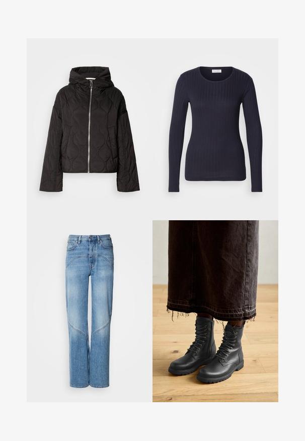 Sort quiltet jakke med hætte, udstyret med en frontlynlås og fyldig tekstur. Designet med en løs pasform og sidelommer.; Marineblå langærmet ribbet top med rund hals. Fremstillet af blødt stof, har den et tætsiddende design og en subtil tekstur hele vejen igennem.; Lyseblå denimjeans har en afslappet pasform, brede ben og buede syninger. Stoffet har en glat tekstur med let falmning.; Sorte læder snørebåndstøvler med tekstureret overflade, midt på læggen, rundet tå og robust sål, parret med en mørk, frynset denimnederdel.