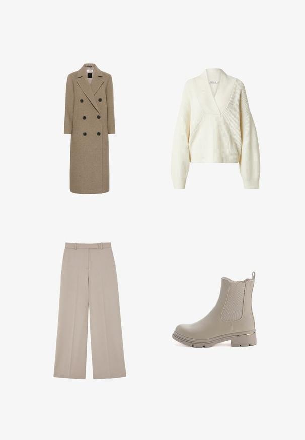 Dubbelzijdige overjas in een tan wolmix, met zes zwarte knopen, omgeschulpte revers en een lange, rechte silhoutte.; Chunky gebreide crème trui met een diepe V-hals, oversized pasvorm, geribbelde textuur en brede mouwen, met een cropped lengte en een voorkant zak.; Beige wijdvallende, op maat gemaakte broek met verborgen voorpand sluiting en zijzakken, ontworpen voor een formele of zakelijke casual uitstraling.; Beige enkelboot met een gladde leren afwerking en elastische zijpanelen. Heeft een chunky zool en een gouden accent op de hak.