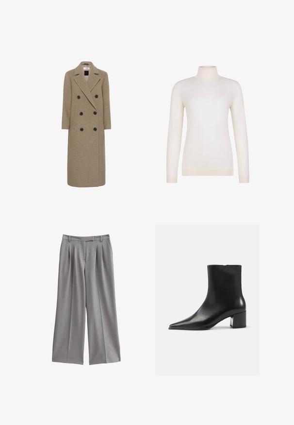 Manteau croisé en mélange de laine beige, doté de six boutons noirs, de revers crantés et d'une silhouette longue et droite.; Pull col roulé crème à manches longues avec poignets et ourlet côtelés, présenté sur un fond blanc uni.; Pantalons larges gris avec un devant plissé, fabriqués à partir d'un tissu lisse. Dotés d'une taille plate avec passants de ceinture et de poches latérales.; Bottine en cuir noir avec un bout pointu, texture lisse et un talon bloc moyen. Design minimaliste, fermeture éclair à l'arrière.
