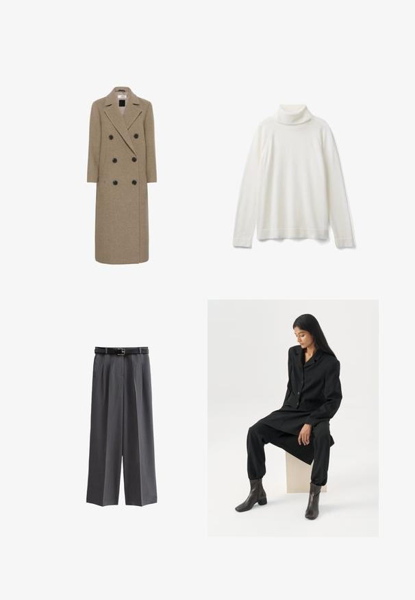 Dubbelzijdige overjas in een tan wolmix, met zes zwarte knopen, omgeschulpte revers en een lange, rechte silhoutte.; United Colors of Benetton TURTLENECK - Trui - white; Grijze wijde broek van textuurstof, met een zwarte riem met vierkante gesp en voorplooien. Er zijn eenvoudige zakken inbegrepen.; Vrouw met lang donker haar zittend, draag een losse zwarte blazer, bijpassende wijde broek en donkere enkellaarsjes tegen een effen witte achtergrond.