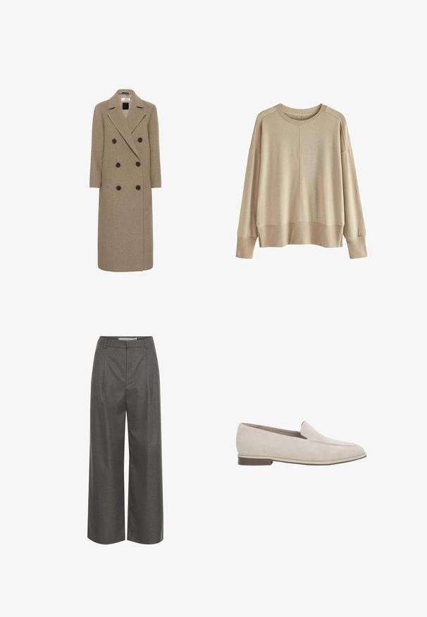 Doppelt knüpfter Übermantel aus beige Wolle-Mischung, mit sechs schwarzen Knöpfen, Reverskragen und einer langen, geraden Silhouette.; Beige gestrickter Pullover mit lockerer Passform, gerippten Bündchen und Saum, Rundhalsausschnitt und überschnittenen Schultern. Weicher Stoff mit minimalen Nähten.; Graue weite Hosen aus strukturiertem Stoff, mit hoher Taille und vorderen Falten, ohne sichtbare Taschen oder metallische Details.; Beiger Wildleder-Slipper mit niedrigem Absatz, spitz zulaufender Spitze und minimaler Naht am Obermaterial.