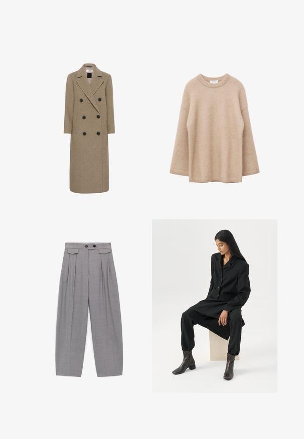 Doppelt knüpfter Übermantel aus beige Wolle-Mischung, mit sechs schwarzen Knöpfen, Reverskragen und einer langen, geraden Silhouette.; Beiger Pullover mit langen Ärmeln, Rundhalsausschnitt, weicher, flauschiger Textur und lockerem Schnitt, vor weißem Hintergrund dargestellt.; Graue Hose mit weitem Bein und hoher Taille, Falten, zwei schwarzen Knöpfen am Bund und Klappendetails in Hüfthöhe.; Frau mit langen dunklen Haaren sitzt, trägt einen lockeren schwarzen Blazer, passende weite Hosen und dunkle Stiefeletten vor einem schlichten weißen Hintergrund.