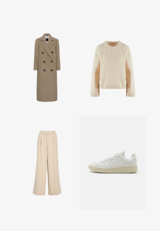 Manteau croisé en mélange de laine beige, doté de six boutons noirs, de revers crantés et d'une silhouette longue et droite.; Un pull en tricot couleur crème avec un col rond, des manches longues et une finition douce et texturée. Bords-côtes aux poignets et à l'ourlet pour une meilleure structure.; Pantalons larges beige clair en tissu texturé, avec une taille haute, des plis avant et des poches latérales pour plus de fonctionnalité.; Baskets en cuir blanc avec une boîte à orteils perforée, semelle en caoutchouc beige contrastante et accents de logo sur le côté et le talon. Design minimaliste.