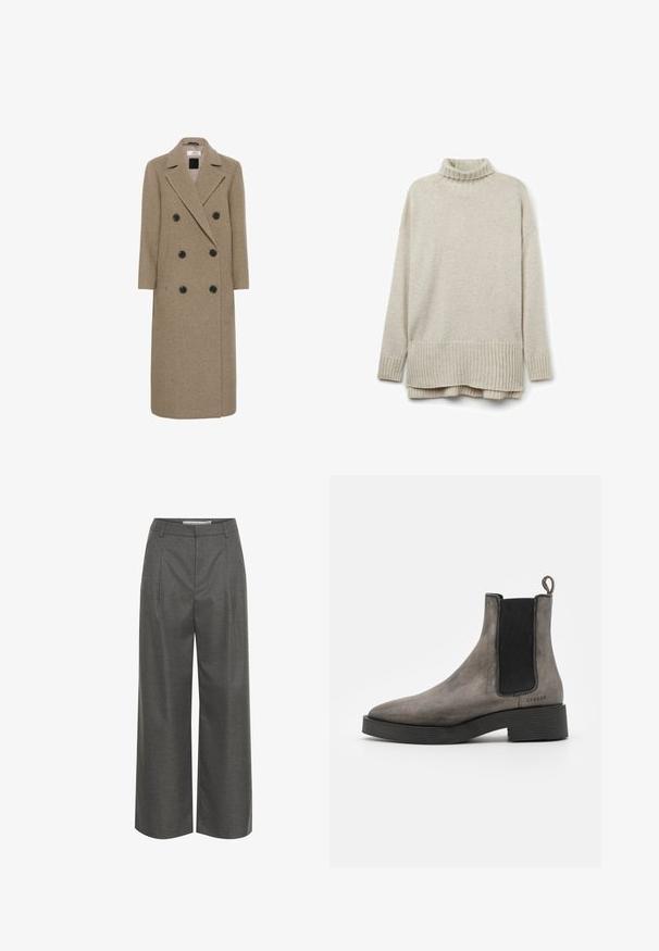 Dobbeltradet frakke i tan uldblanding, med seks sorte knapper, klapkrave og en lang, lige silhuet.; Beige striktrøje med ribbet turtleneck, lange ærmer og en nederkant med diagonal ribning. Blød tekstur og afslappet pasform.; Grå brede bukser lavet af struktureret stof, med høj talje og frontfolder, uden synlige lommer eller hardware detaljer.; Grå læder chelsea støvle med tekstureret finish, elastiske sidedele, hængestrop og sort gummisål. Slank, taperet design med minimale accenter.