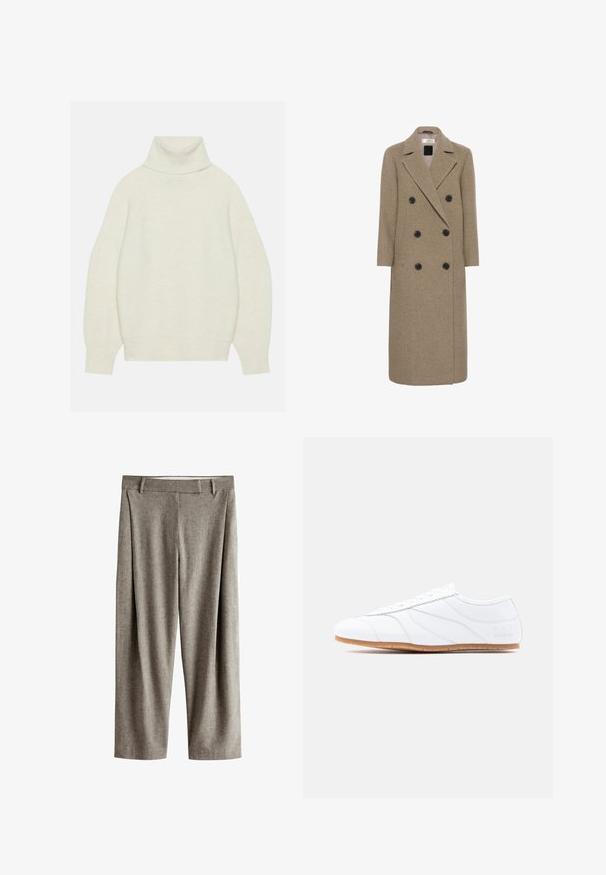Dobbeltradet frakke i tan uldblanding, med seks sorte knapper, klapkrave og en lang, lige silhuet.; Rullekrave sweater i creme, lavet af blødt strikket materiale. Har en afslappet pasform, raglanærmer samt ribbede ærmer og kant.; Grå bukser med lige ben, bæltestropper, flad front og en subtil tekstur på en hvid baggrund.; Hvid lavtstående sneaker med snøresystem, glat læderoverdel, diskrete syninger og lysbrun gummisål.